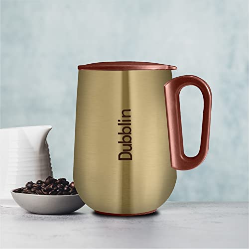 Image of DUBBLIN Rugby Stainless Steel Unbreakable Tea Coffee Mug Double Wall with Handle and Lid, Wide Mouth Mug Keeps Beverages Hot & Cold 270 ML Golden