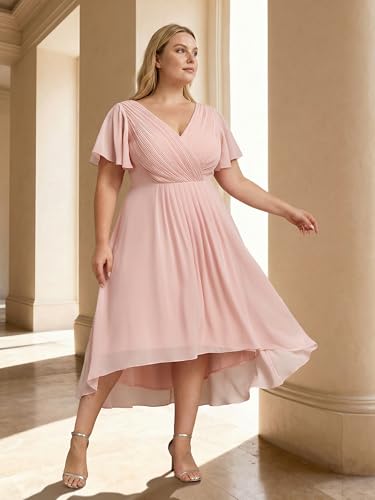 Image of Ever-Pretty Plus Summer Short Sleeves V-Neck Formal Wedding Guest Dresses for Curvy Women Chiffon Midi Cocktail Party Dress