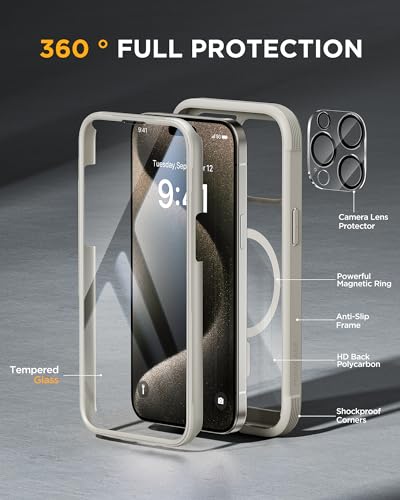 Image of Miracase Magnetic for iPhone 15 Pro Max Case 6.7'' [Compatible with Magsafe] Full-Body Drop Proof Phone Case for iPhone 15 Pro Max with Built-in 9H Tempered Glass Screen Protector,Grey Titanium