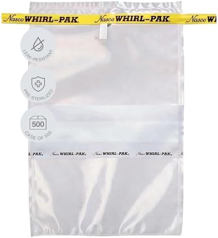 Nasco Whirl-Pak Sterile Write-On Sample Bags Leak-Proof Lab Bags 710 mL (24 oz) Writeable Area, Ideal for Sampling, Transport & Storage B01297 (Box of 500)