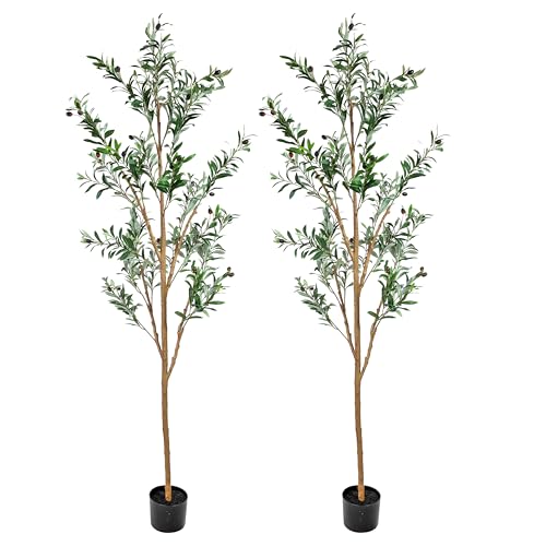 Sunnydaze Fake Olive Tree - 6ft Tall Faux Olive Tree with Pot - Indoor Artificial Plant with Black...
