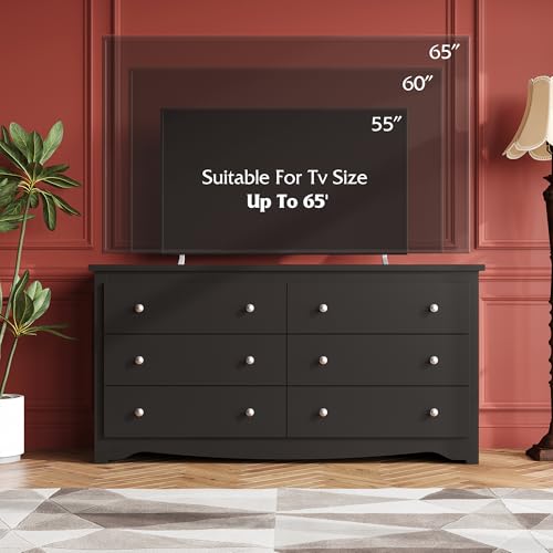 WLIVE Black Dresser with 6 Drawer, 59" Wide Chest of Drawers for Bedroom, Wood Long Nightstand with Drawers, Modern Large Storage Tower Unit, Closet Store Organizer for Living Room