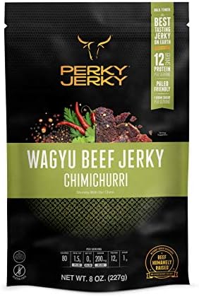 Perky Jerky Chimichurri Wagyu Beef Jerky, 8oz - Antibiotic Free - 12g Protein - Keto Paleo - 100% U.S. Sourced - Handcrafted, Tender Texture, Bold Flavor