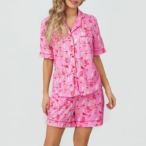 Image of Yiulangde Cowboys Boot Pajamas for Women Y2k 2 Piece Heart Bow Preppy Pjs Coquette Short Sleeve Shirts Matching Pj Shorts Set