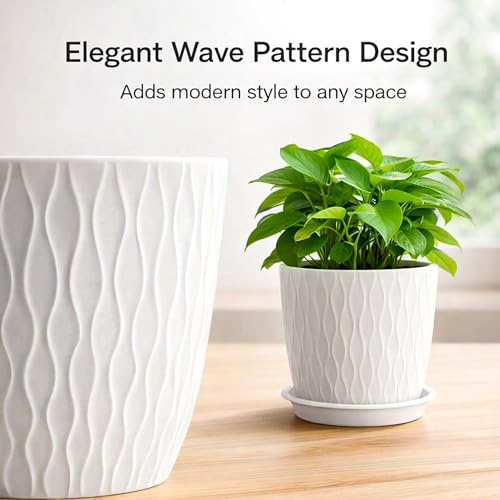 Image of Eightiz (Pack of 5 6 Inch Plastic Flower Pots for Indoor & Outdoor Terrace,Garden Plants Decorative Planters with Drainage Holes & Matching Saucers Durable & Lightweight (White)