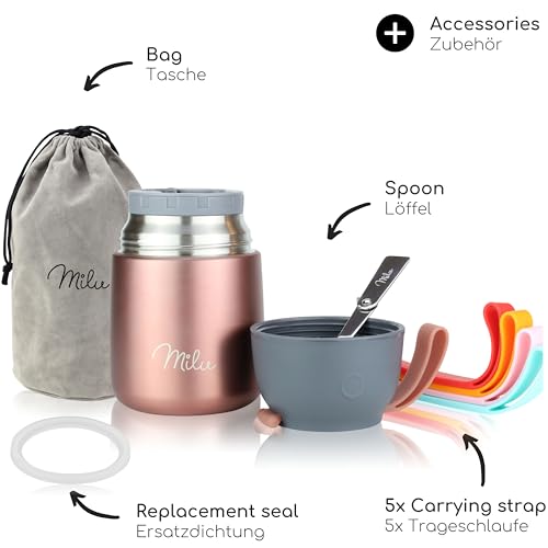 Image of Milu Thermal Container for Food I 450 ml I Stainless Steel Warming Container with Spoon, Thermal Mug Food, Thermal Lunch Box, Adults, Thermal Box Soups, Food Container Rose Gold, 450 ml