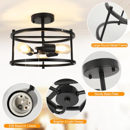 foucasal 3-Light Industrial Semi Flush Mount Ceiling Light Black 12.59" - image 3