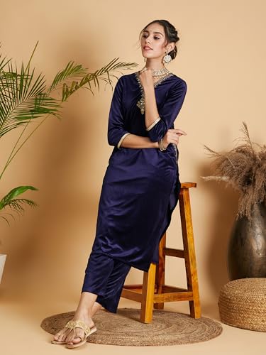 Image of Women's Velvet Floral Embroidered Straight Kurta | Round Neck Three-Quarter Sleeve Calf Length Kurti with Thread Work
