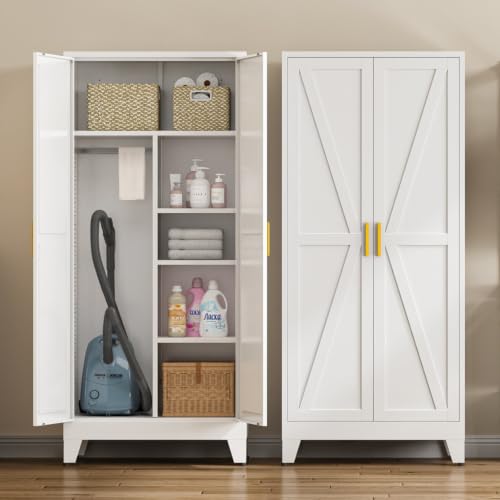 Image of 71 inch Metal Storage Cabinet, Tall Utility Closet Cabinet with Hanging Rod, Farmhouse Metal Broom Closet for Laundry Room Garage, Steel Wardrobe Cabinets for Bedroom