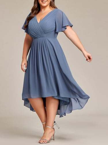Image of Ever-Pretty Plus Summer Short Sleeves V-Neck Formal Wedding Guest Dresses for Curvy Women Chiffon Midi Cocktail Party Dress