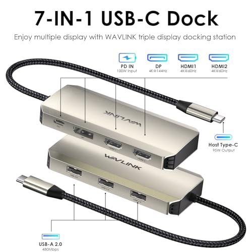 Laptop Docking Station, WAVLINK Triple 4K Docking Station with Dual HDMI, DP, 100W PD in, 3 USB-A2.0 for Wireless Device, Compatible with Dell/HP/Lenovo etc, Windows Systerm Computer Only by WAVLINK - Image 2