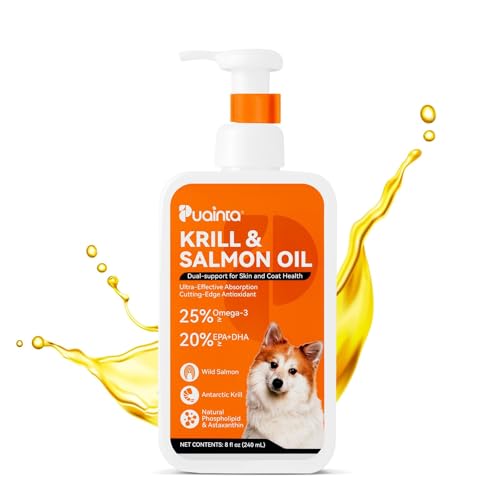 PUAINTA Krill and Salmon Oil for Dogs & Cats for Healthy Skin and Coat, 25% Max Omega 3 for Dog Fish Oil Supplement with EPA & DHA, Vitamin A, E for Dry Skin, Itchy & Allergy Skin Relief -8 oz, Liquid
