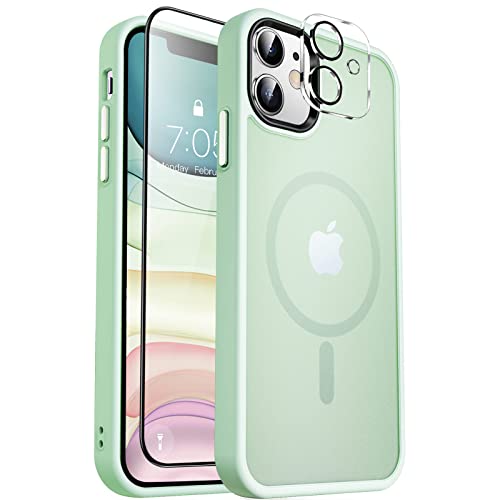 MOCCA Strong Magnetic for iPhone 11 Phone Case,[Compatible with Magsafe][Glass Screen Protector+Camera Lens Protector] Slim Thin Shockproof Cover Case for iPhone 11 6.1 inch, Light Green