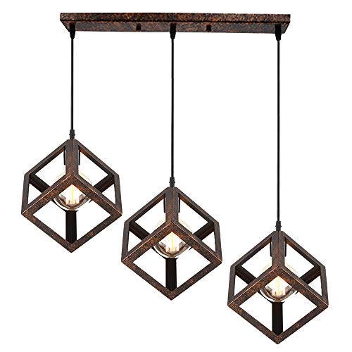 iDEGU 3 Lampes Suspension Luminaire Industrielle Lustre Plafonniers Design Géométrique Métal Suspension E27 Lampe en Forme de Cube - 16CM, Rouille