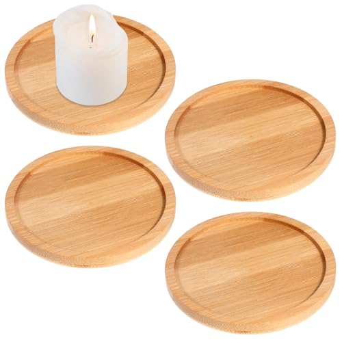 4 Pack Wooden Decorative Tray Rustic Bamboo Tray Candle Holder Round Wood Trays Home Decor Vintage Centerpiece Candle Holder for Pillar Scented Ball Candles Table Decor - 3.5 Inch Bamboo Wood Color