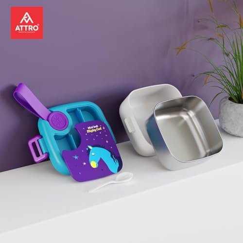 Image of ATTRO KidsMate Horse Lunch Box Stainless Steel Comes with 1 Detachable Tray| Leak-Proof & Durable | Plastic Spoon | Ideal for Kids, School, Picnic - Blue Purple - 500ml