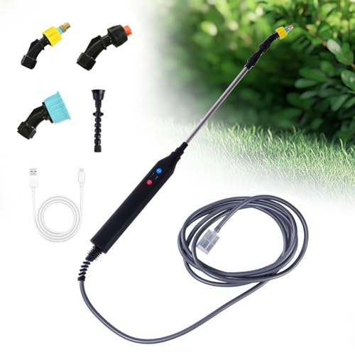 SKIKHN Akku Drucksprüher, Elektrischer Pflanzensprüher, Elektrischer Gießstab mit 4 Düsen & 5M Schlauch, Wiederaufladbarem Teleskopstab mit 3 Gang Einstellung, für Gärten Hof Reinigung