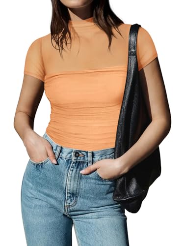 Image of REORIA Women's Summer Sexy Mock Turtle Neck Short Sleeve Slimming Shirts Sheer Mesh Ruched Fashion Night Out Thong Body Suits Tops Peach Fuzz X-Large