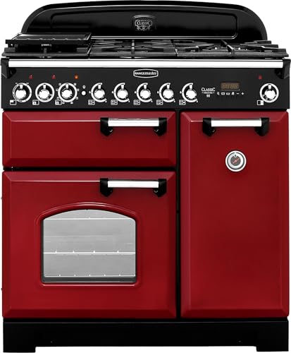 Rangemaster Classic Deluxe CDL90DFFCY/C 90cm Dual Fuel Range Cooker - Cranberry / Chrome