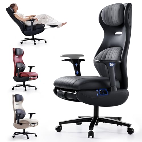 EMIAH Silla Oficina Ergonómica, Silla de Escritorio Reclinable con Reposapiés, Reposabrazos Ajustables, Silla Game de Respaldo Alto, Silla de Ordenador Ejecutiva con Soporte Lumbar, Cuero PU (Negro)