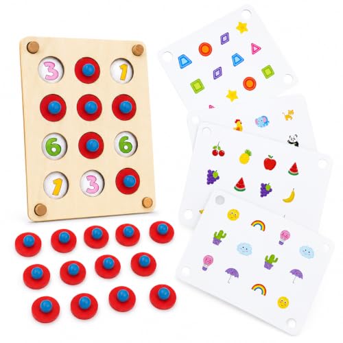 Image of PLUSPOINT Wooden Memory Matching Puzzle Game for Kids | Montessori Memory Match Board with Color Pattern Cards | Educational Brain Training Toy for Preschool Early Learning Age 3+
