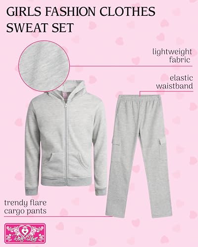 Real Love Girls Sweatpants Set - 2 Piece Soft Fleece Zip Up Hoodie and Flare Cargo Girls Pants Kids Activewear Set (7-16)2