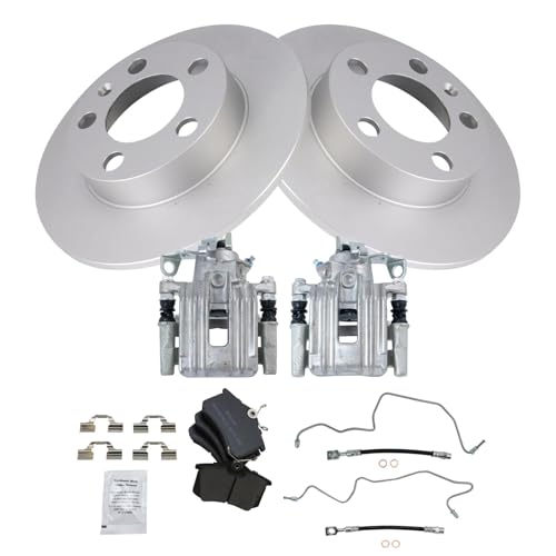 Image of TRQ Rear Brake Pad and Rotor Set Semi Metallic Coated Rotors Calipers Compatible with 1999 Volkswagen Jetta