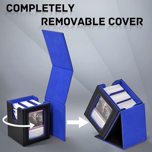 Image of ZLCA MTG Deck Box with Commander Window Display, Trading Card Storage Box Holds 100 Double-Sleeved Cards Suitable for TCG /CCG /PTCG /EDH /Magic /Sport Cards (Black&Blue)