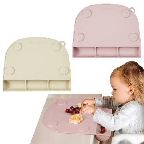 PandaEar 2-Pack Silicone Baby Placemats with Food Catcher Non-Slip Suction Toddler Place Mats for Dining Table & High Chair Waterproof Easy-Clean Reusable Table Mat (Pink & Linen)