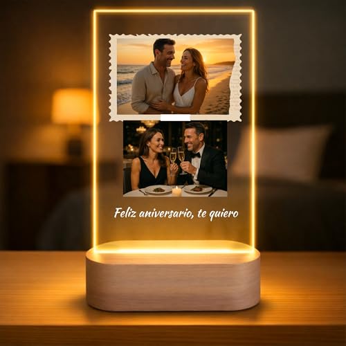 Lámpara Personalizada con 2 Fotos y Frase Dedicatoria - Regalo Original para Pareja, Aniversario, Boda o Cumpleaños - Luz LED en Placa de Metacrilato con Base de Madera y USB Lámpara Personalizada con 2 Fotos y Frase Dedicatoria - Regalo Original para Pareja, Aniversario, Boda o Cumpleaños - Luz LED en Placa de Metacrilato con Base de Madera y USB