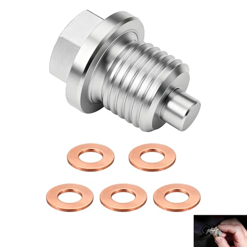 Magnetic Oil Drain Plug, M14 x 1.5 Stainless Steel Sump Drain Nut Bolt with 5 Copper Crush Washer, Universal Oil Pan Plug, Replacement Universal Oil Plug for Most Cars Motorcycle Boats Engines