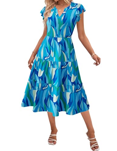 Image of ZEAGOO Womens Summer Casual Dresses Ruffle Sleeve V Neck Midi Dress Flowy Tiered Dress with Pockets Boho Sundresses