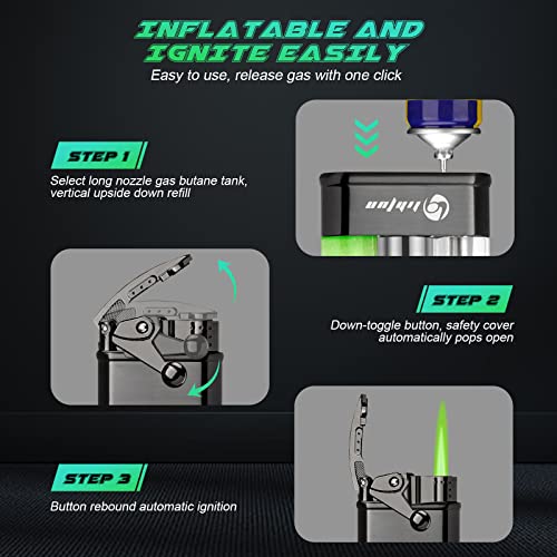 Lihtun Torch Lighter Green Flame, Refillable Butane Lighter Clear Glowing Fuel Tank Built-In Led Light, Metal Rocker Windproof Lighter, Adjustable Cool Lighters With Gift Box (Black) #TOP2
