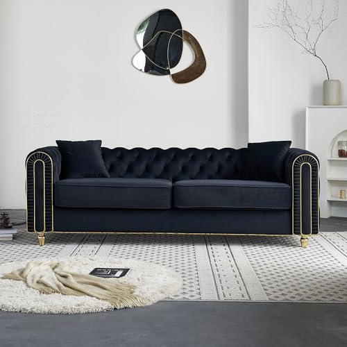 Image of KEIKI 86 inch Chesterfield Velvet Button Tufted Sofa with High Density Foam Cushions and 2 Toss Pillows, Modern Style 3-Seater Couch with Gold Strip Trim Decoration, Easy Assembly, for Living Room, Black