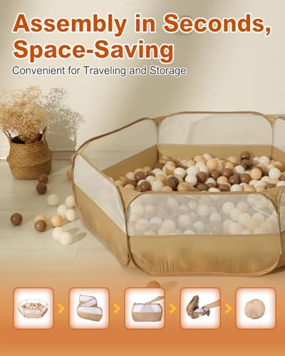 Foldable Ball Pit for Toddlers, Large Pop Up Ball Pits Kids Play Tent Crawl Playpen Ball Pool Playhouse Playpen with Storage Bag, for Boys Girls Dogs Cats Ferrets Indoor Outdoor, Khaki