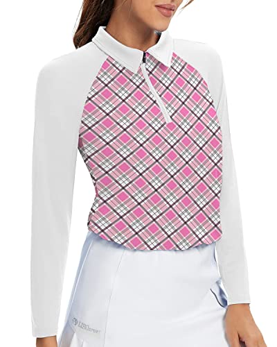 Soneven Womens Long Sleeve Golf Shirts Tennis Half Zip Golf Pullover Athletic Shirts Moisture Wicking Tops Pink Plaid #TOP24