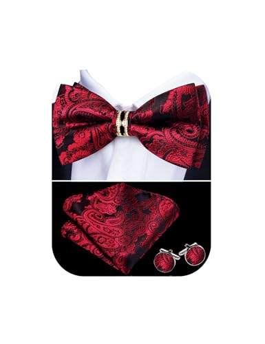 Image of YOHOWA Mens Bow Tie Set Paisley Pre-tied Bowties Adjustable with Handkerchief Cufflinks Gold Ring Set Wedding Prom Party