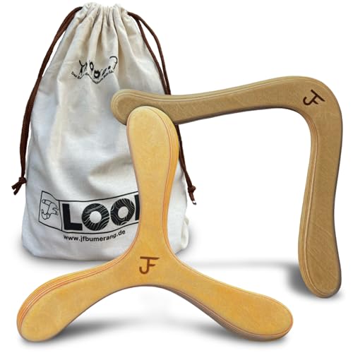 JF BUMERANG - ANFÄNGERSET - Handgemacht - Boomerang MÜNCHEN, LONDON & Beutel - Nachhaltig - Einzigartiges Geschenk - Sportgerät aus Holz - Rechtshänder:in