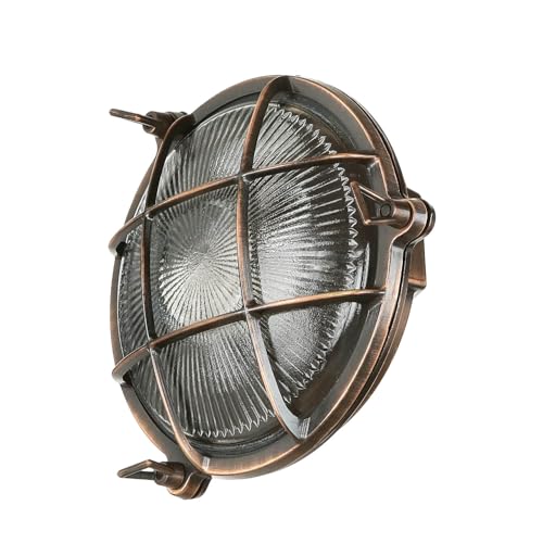 Licht-Erlebnisse Outdoor Wandlampe Messing Glas in Kupfer Antik IP64 Haustür Eingang Ø21 cm E27 Schiffslampe Maritime Wandleuchte Außen SERIFOS