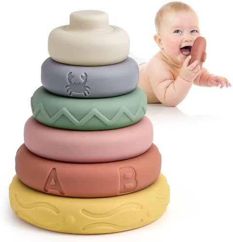 Mini Tudou 6 Pcs Stacking & Nesting Circle Toy 4.7",Soft Building Rings Stacker & Teethers,Squeeze Play with Early Educational Learning Stacking Tower, Toy for 6+ Months Boys&Girls