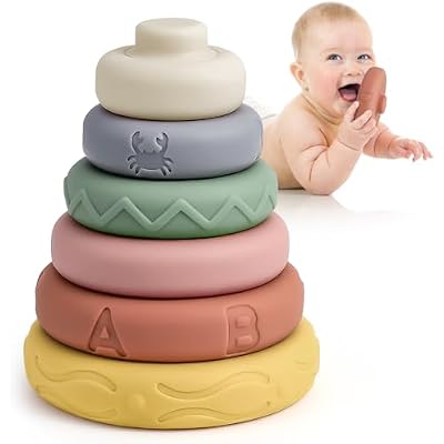 Mini Tudou 6 Pcs Stacking & Nesting Circle Toy 4.7,Soft Building Rings Stacker & Teethers,Squeeze Play with Early Educational Learning Stacking Tower, Toy for 6+ Months Boys&Girls