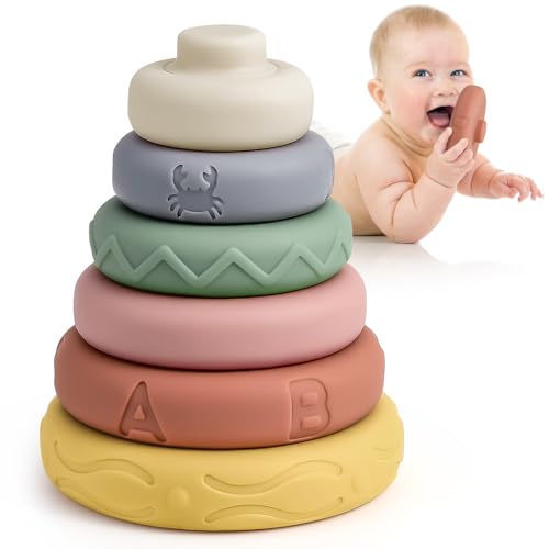 Mini Tudou 6 Pcs Stacking & Nesting Circle Toy 4.7",Soft Building Rings Stacker & Teethers,Squeeze Play with Early Educational Learning Stacking Tower, Toy for 6+ Months Boys&Girls by Mini Tudou - Used condition - US$8.70