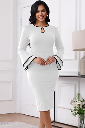 Image of ZonJie Church Dresses for Women Bell Sleeves Business Wear to Work Cocktail Party Pencil Casual Dress
