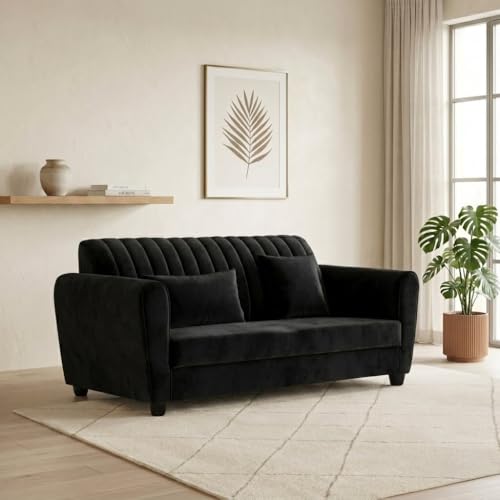 Image of Velvet 2 Seater Sofa, Chesterfield Tufted Sofa with Nailhead Trim, Rolled Arm Sofa with Wood Legs for Living Room & Office (Black)