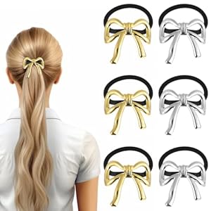 6Pcs Silver Gold Hair Cuffs, Metal Bow Hair Cuffs for Ponytail, Elastic Bowknot Hair Ties Holder Elegant Gold Hair Accessories, Silver Ponytail Hair Cuff for Women Thick Thin Curly Hair Styling Rope