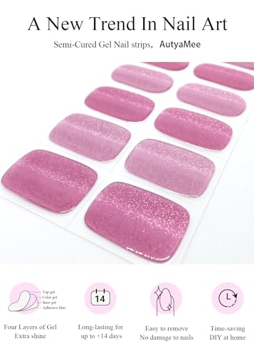 AutyaMee Tiras de unhas de gel semicuradas (olho de gato rosa) - 20 peças de adesivos de unhas de ge