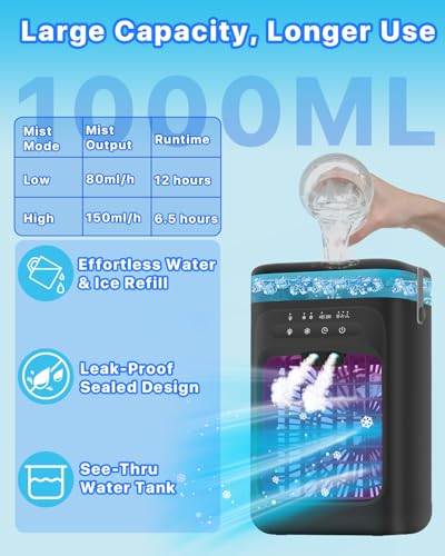 Portable Air Conditioner, 4-in-1 Evaporative Air Cooler, Personal Cooling Fan with 3 Speeds, 2 Mist Modes, 7 LED Night Light, 2-4H Timer, Quiet Mini Air Cooler for Bedroom Office C image 2