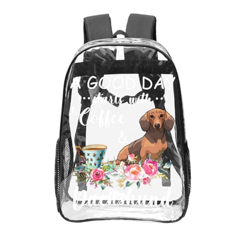 A Good Day Starts With Coffee And Dachshund Clear Backpack - Lightweight Transparent Backpack For Security, Sports & Travel