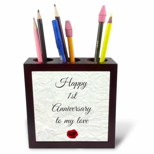 3dRose Happy 1st Anniversary to my love on faux paper-like background 5 inch tile pen holder