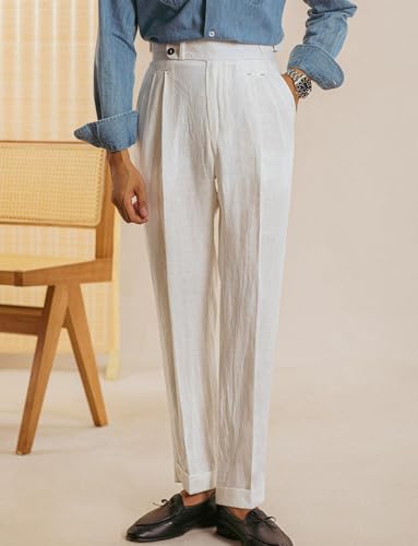 Men's Linen Pants Vintage Silm Fit Business Flat Front Classic Casual Suit Linen Pants Dress Trousers2